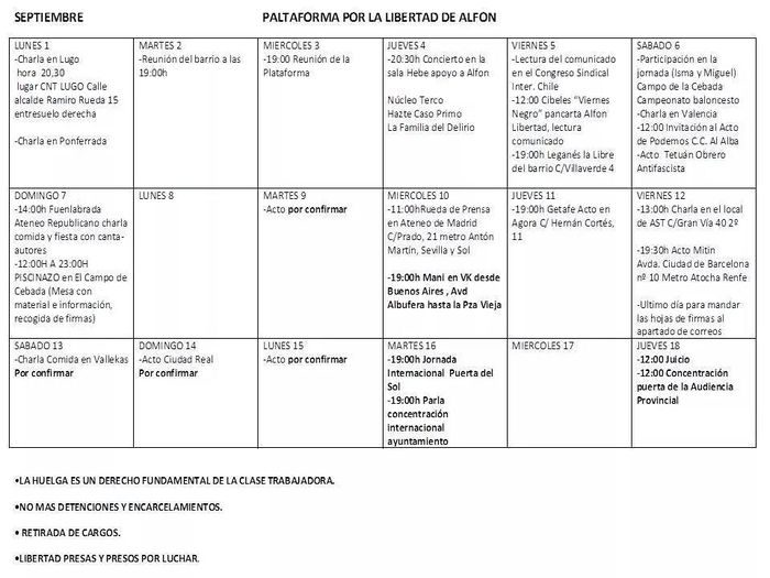 Calendario de actos y movilizaciones por la libertad de Alfon (septiembre de 2014)